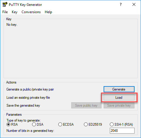 Putty load private key by clicking the load button.