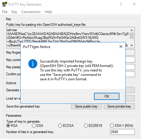 Putty message indicating successful converstion of private key.