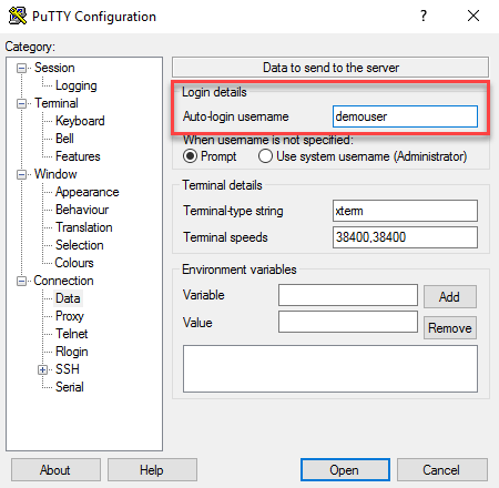 Putty set the Auto-login username under Connection, Data.