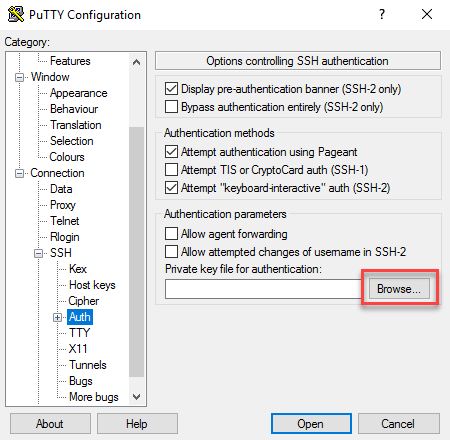 Putty attach private key under Connection, SSH, Auth.